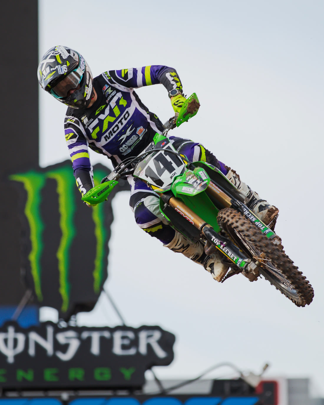 Richard Taylor whipping the #141 Kawasaki at Monster Energy Supercross